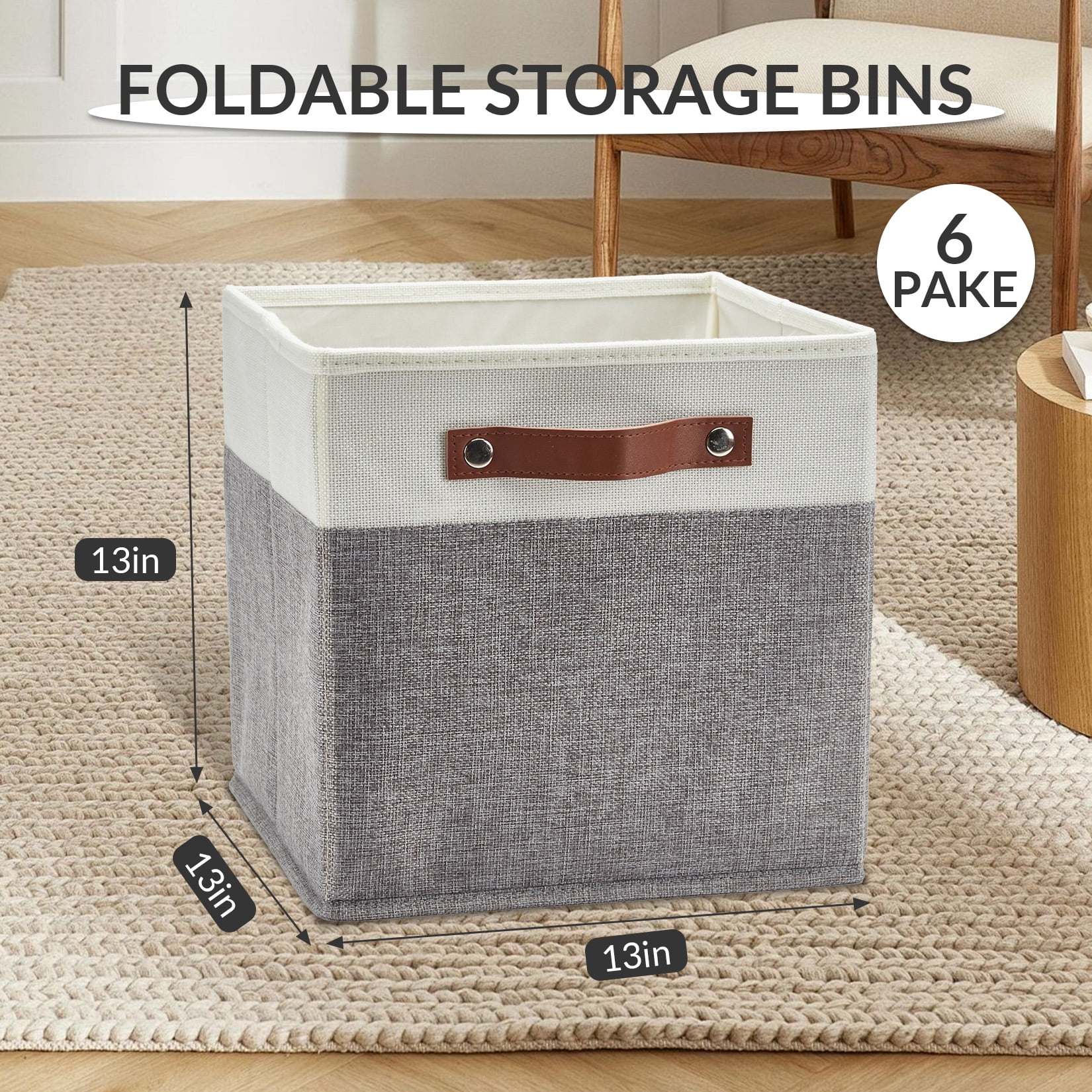 DSstyles Home 13 x 13 Storage Cube Bins, Foldable Collapsible Fabric Storage Bins Box Linen Shelf Basket Cube Organizer for Closet with Leather Handles, 6 Pack White and Gray