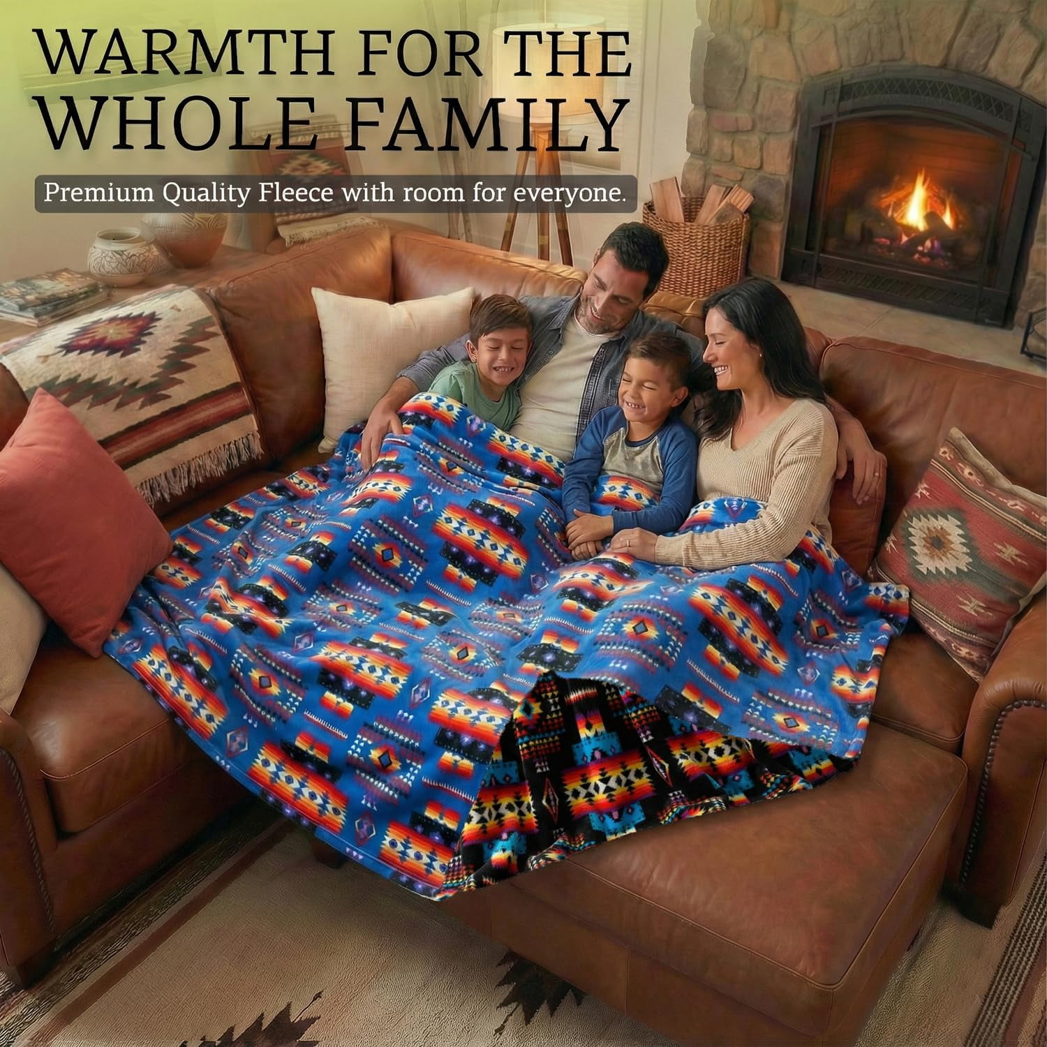 Sacred Thread Fleece Blanket South Western, Reversible Mexican, Vibrant Aztec Blankets and Throws for Aztec Decor for Home (Blue Flannel / Flannel) (Full (60''x80'')
