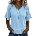 thumbnail image 2 of Womens Tops Summer Casual Fringe Distressed V Neck Shirts Short Sleeve Fringe Cotton Linen Blouses Edge Hem Sky Blue M, 2 of 6