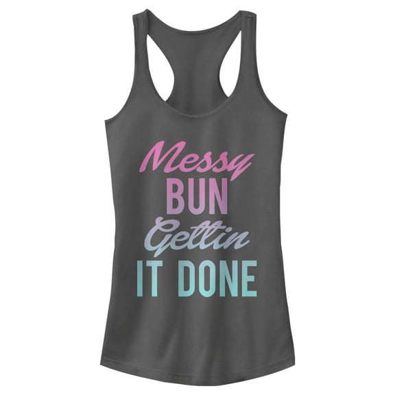 Junior's CHIN UP Messy Bun Done Rainbow  Racerback Tank Top Charcoal 2X Large