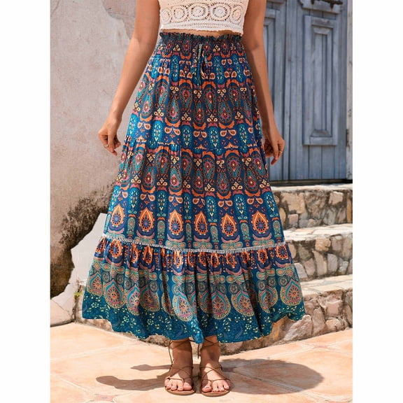 Women's Boho Paisley Print Maxi Skirt - High Waist Tiered Skirt with Crochet Lace Trim for Beach Vacation