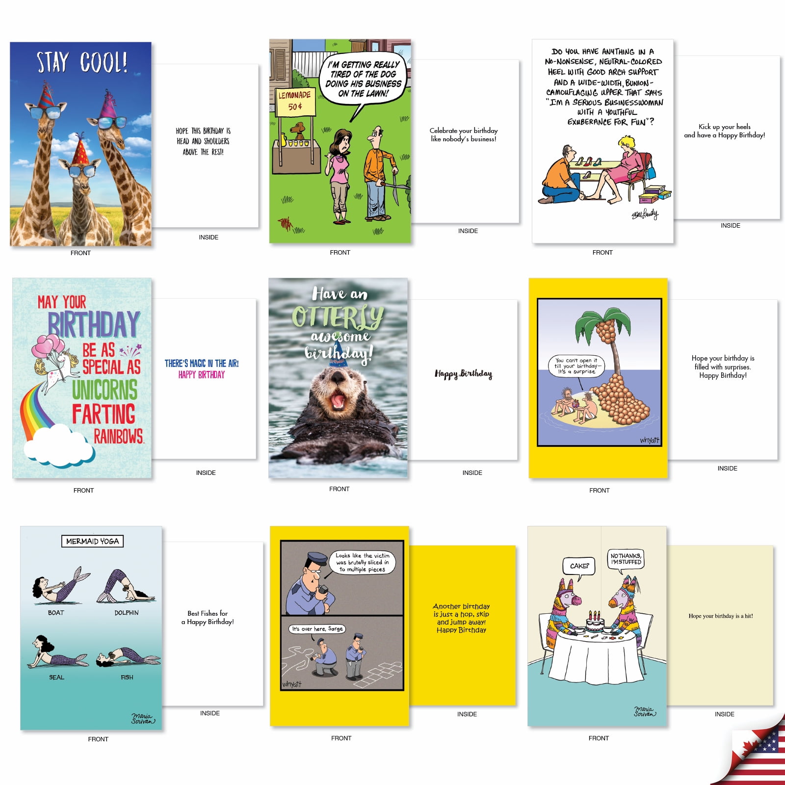 NobleWorks 36 Assorted Set Funny Birthday Greeting Cards w/ 5x7 Envelopes, 36x1 Designs, For Men, Women, Bday Birthday Favorites AC2911BDG-B1x36