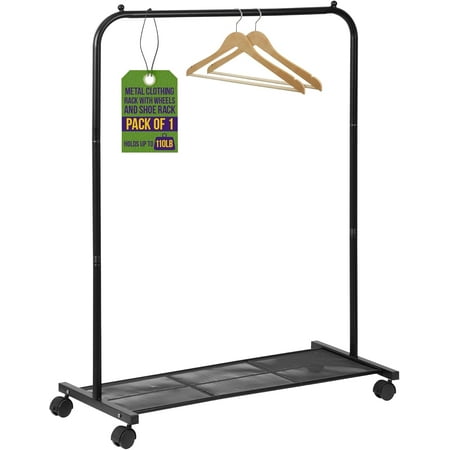 Alloy Steel Clothes Rack - Pack of 1 Versatile, Ample Storage Space, Simple Assembly, Hanging Garment and Clothes Rolling Rack with Wheels - Black