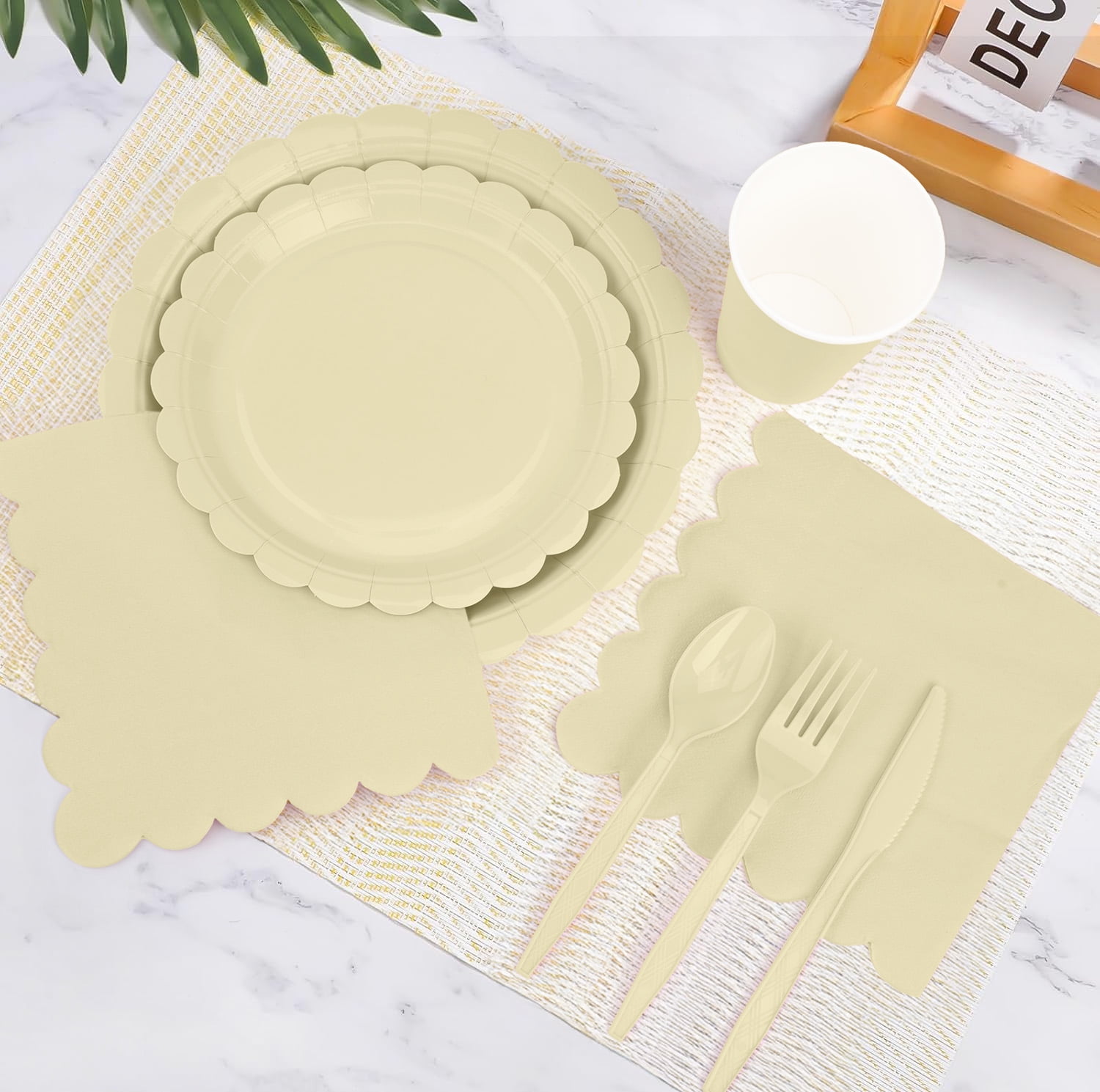 Inadays 175Pcs Disposable Party Supplies Includes Beige Paper Plates Cup Napkins Forks Spoons Knives, Dinnerware Set for Garden Party Birthday BBQ Baby Shower Wedding, Serve 25 Guests