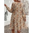 thumbnail image 2 of Women's Round Neck Long Sleeve Midi Dress Loose Fit Floral Casual Fall Winter, 2 of 5