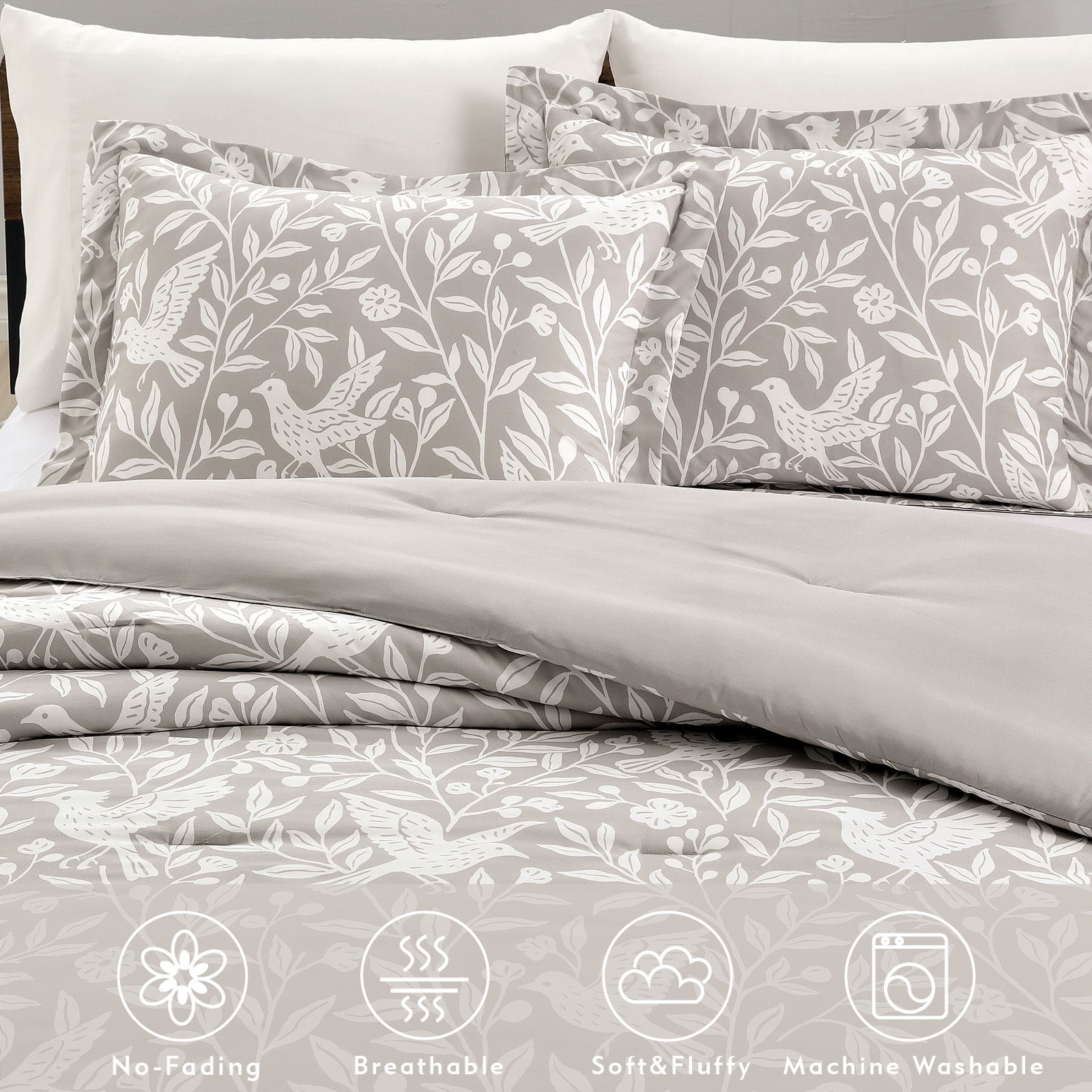 Notticasa 3-Piece Printed Comforter Sets,Gray,Tiwn,Features a Floral and Peacebird Design, Including a Quilt Cover and Pillowcases