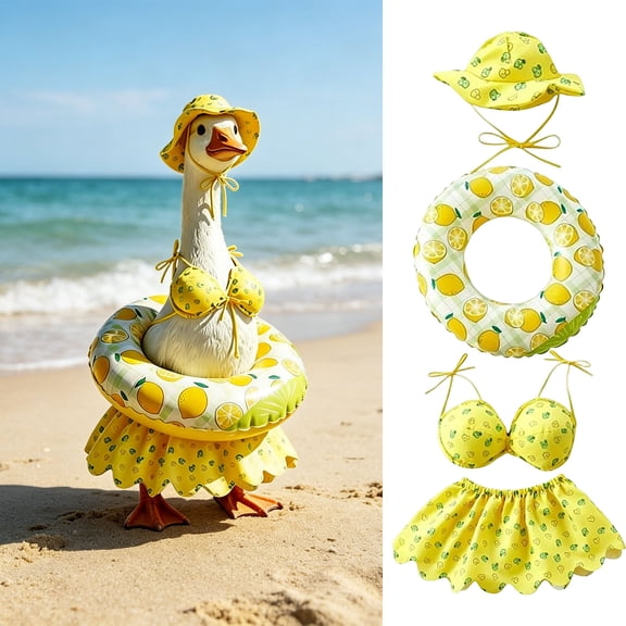 PiGOGI Summer Beach Porch Goose Outfit, Lemon Print Bikini Skirt Hat Swim Ring, Outdoor Yard Lawn Patio Decor