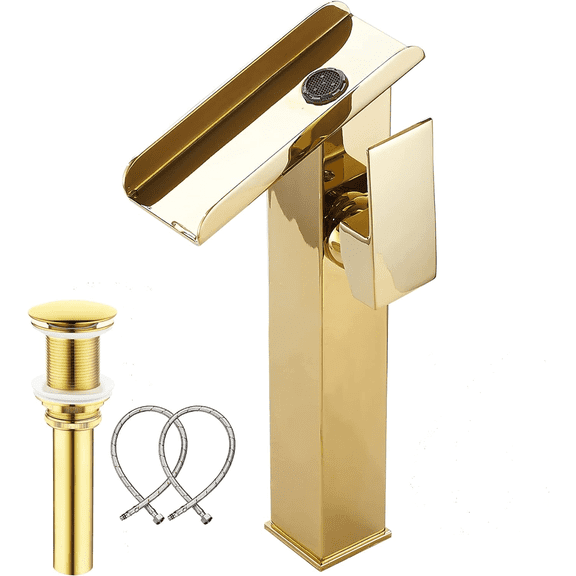 Bowl Sink Faucet Gold Bathroom Vessel Faucet Single Handle 1 Hole Waterfall Open Spout Include Drain Assembly Without Overflow Drain Stopper Lavatory Bath Vanity Luxury Wash Basin Tap Tall Deck Mount