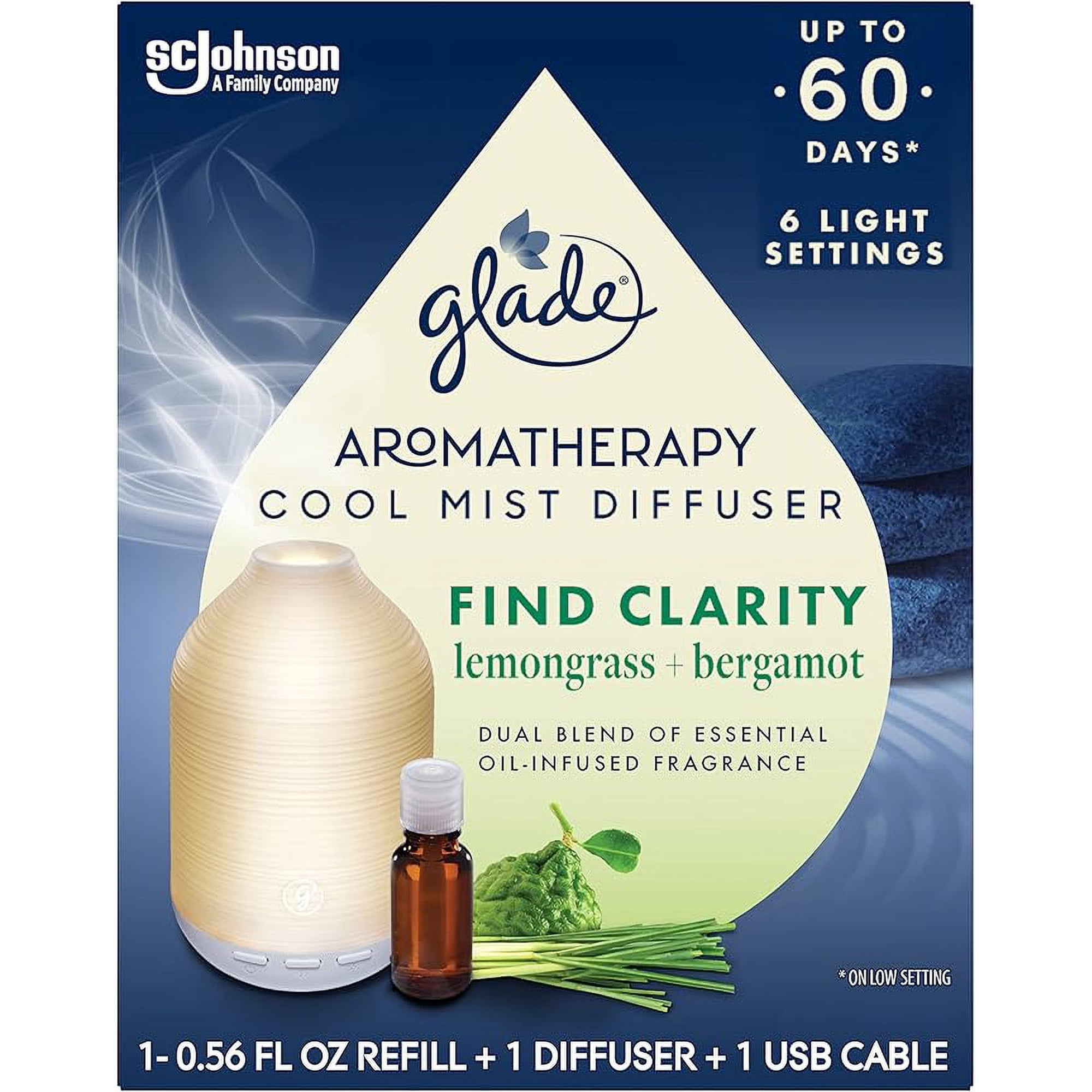 Glade Aromatherapy Diffuser & Essential Oil Air Freshener for Home Find Clarity Scent with Notes of Bergamot & Lemongrass 0.56 Fl Oz