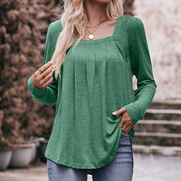 ClodeEU Womens Square Neck Pleated Tunic Blouse, Fall Long Sleeve T Shirts,Soft Casual Loose Fit Tee Tops Green,Womens Plus M