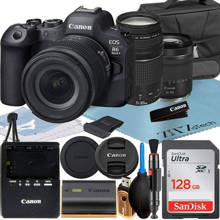 Canon EOS R6 Mark II Mirrorless Camera with RF 24-105mm Lens + EF 75-300mm + SanDisk 128GB Memory Card + Case + LED Flash+ ZeeTech Accessory Bundle