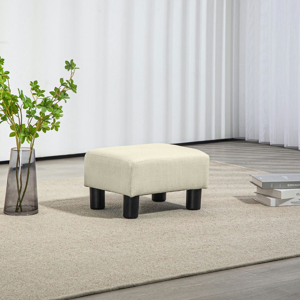 Demi Bonn Small Foot Stool Ottoman 15.7" Footstool with Linen Fabric Upholstery and Plastic Legs Under Desk Footrest for Living Room Bedroom and Office, Beige