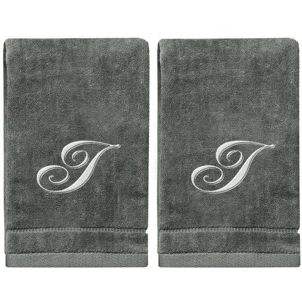 Toallas Con Monograma, Regalo Personalizado De 11 X 18 Pulgadas, Juego De 2, Toalla Bordada Plateada, Extra Absorbente 100% Algodón, Acabado De Terciopelo Suave, Para Baño, Cocina, Spa, Inicial I (Gri
