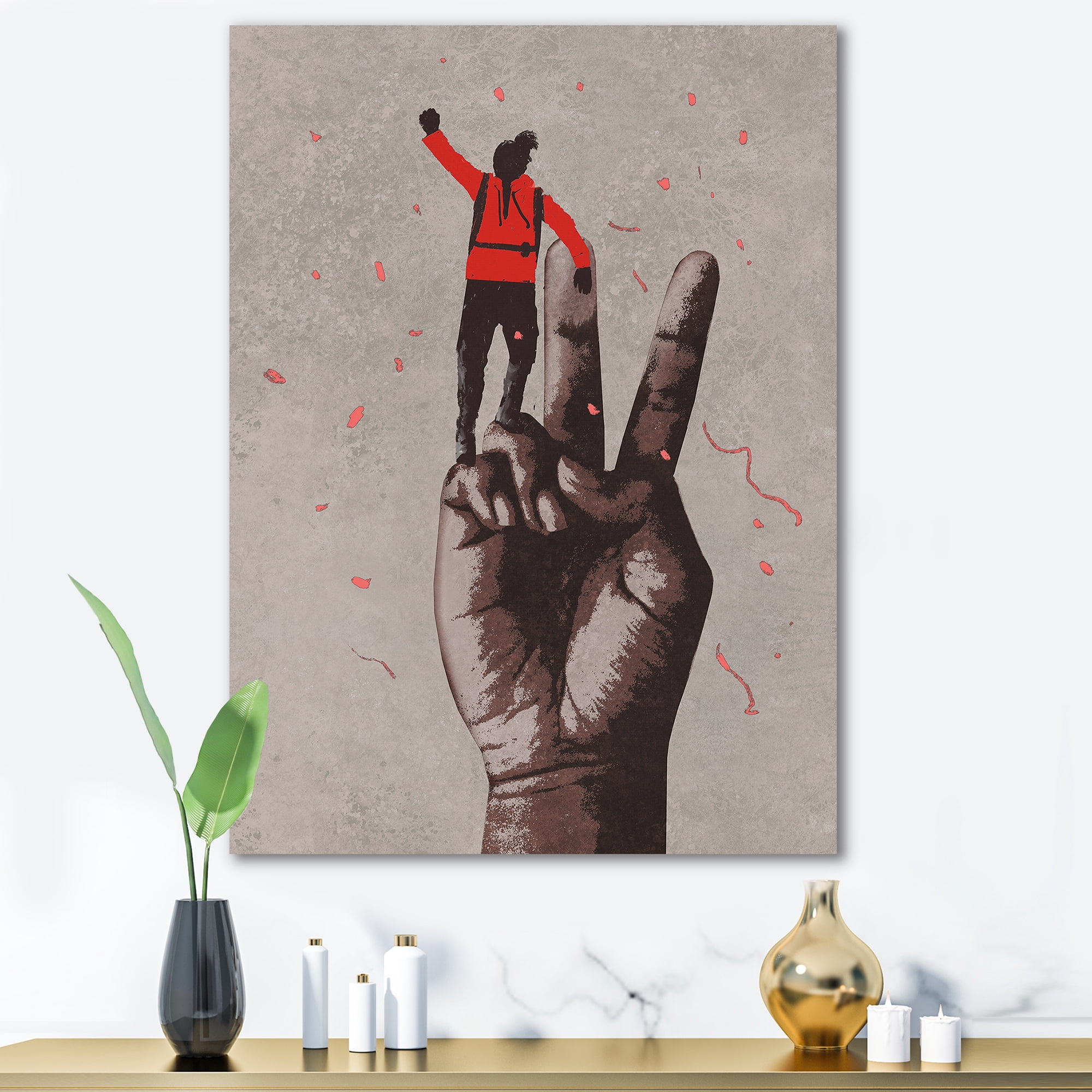Designart ' Man With Arm Raised On Victory Sign ' Modern Canvas Wall Art Print