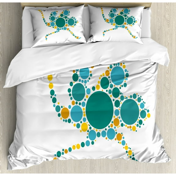 Ostrich Duvet Cover Set Queen Size, Abstract Geometric Circles and Dots Featured Modern Mammal Pattern, Decorative 3 Piece Bedding Set with 2 Pillow Shams, Teal Earth Yellow Blue, by Ambesonne
