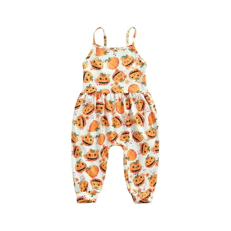 

Toddler Baby Girl Halloween Jumpsuit Outfits Kids Pumpkin Skull Ghost Sleeveless Strap Romper Long Pants Clothes