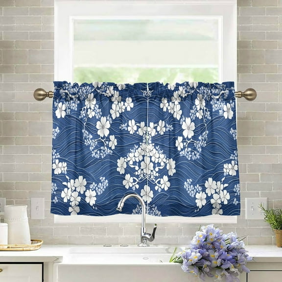 Yayeee Kitchen Curtains Light Filtering 27"x24" Rod Pocket Short Cafe Window Panel, Floral Ocean Waves