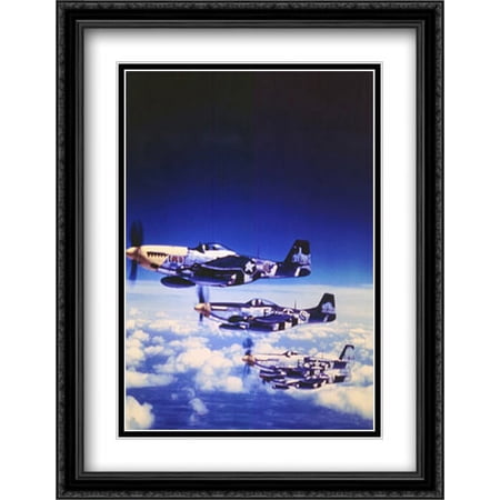 Four fighter planes in flight, P-51 Mustang 2x Matted 22x28 Large Black Ornate Framed Art Print