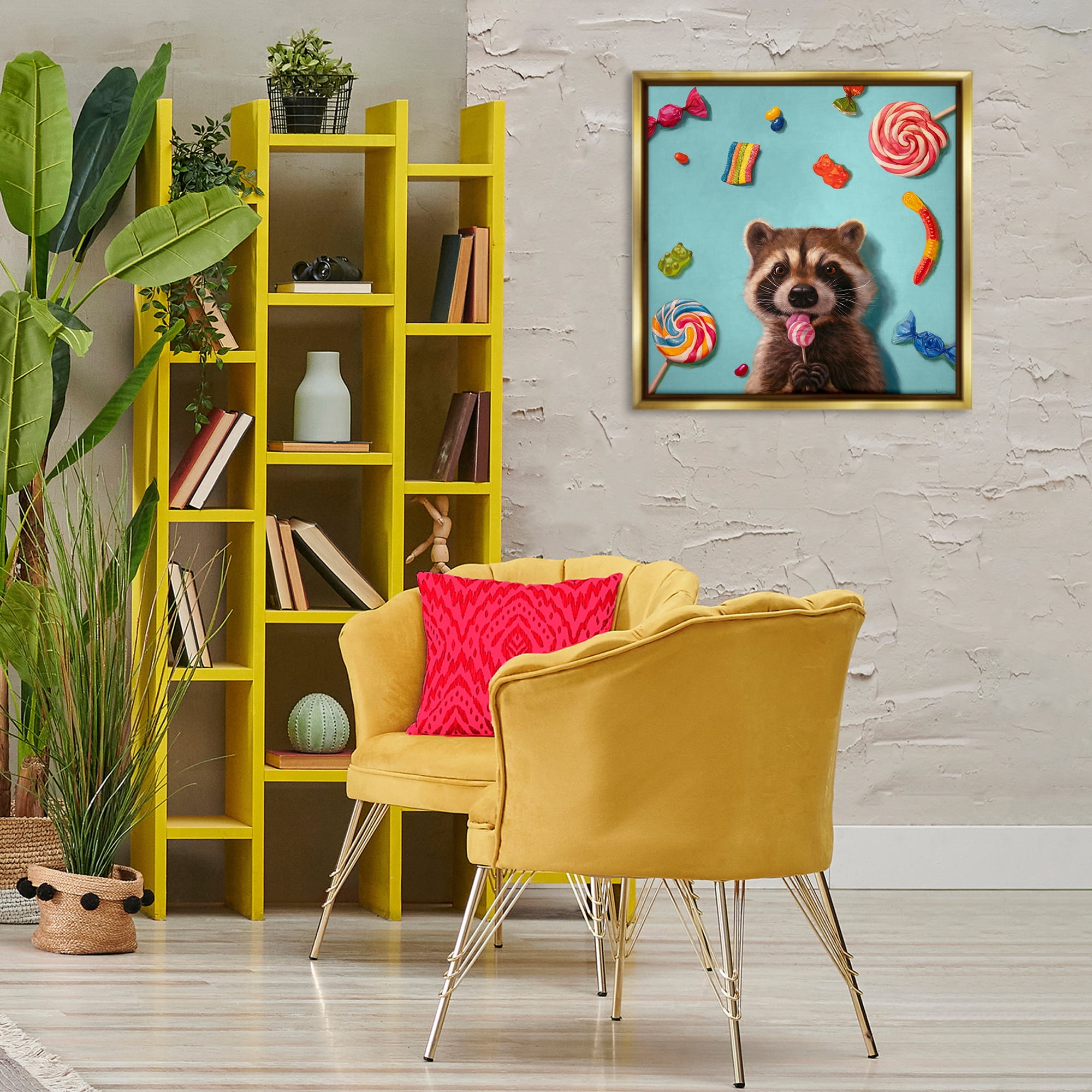 Stupell Industries Raccoon & Sweets Candies Food & Beverage Painting Gold Floater Framed Canvas Art Print Wall Art, 25 x 25