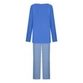 thumbnail image 6 of Scyoekwg Pajamas for Women Set Casual Solid Color Button Round Neck Pleated Long Sleeve Tops and Pants Loungewear Outfits (Sky Blue,XL), 6 of 7