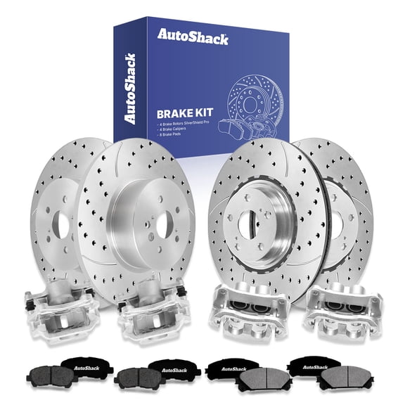 AutoShack Front Vented & Rear Solid Drilled & Slotted Silver Zinc Coated Brake Rotors   Premium Ceramic Pads   Calipers 16-PC Brake Kit Replacement for 2010-2013 Toyota Highlander SilverShield Pro