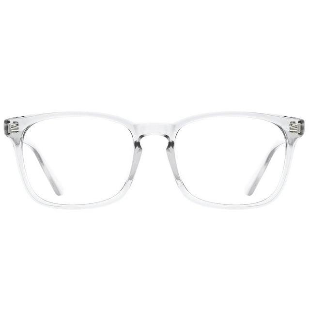 Blue Light Blocking Glasses Square Nerd Eyeglasses Frame Anti Blue Ray Computer Game Glasses with a transparent lens and square frame design. These glasses feature UV400 protection, anti-scratch, anti-reflective, and anti-glare coatings. Suitable for reducing eye strain during screen time and improving sleep quality. Includes a soft cleaning cloth and blue light blocking test tools.