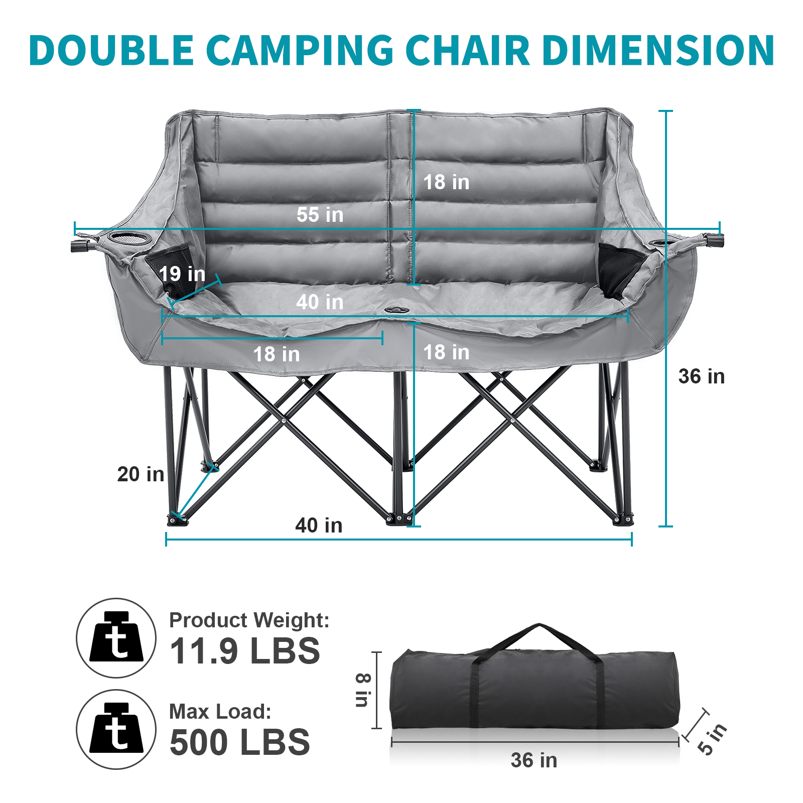 Slsy XXXL Oversized 2 Person Fully Padded Camping Chair, Folding Loveseat Camping Couch Double Camping Chairs Heavy Duty Portable Lawn Chair Patio Chair, Supports 990 LBS