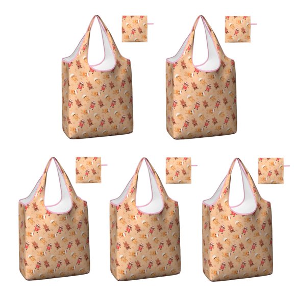 5 Pack Foldable Shopping Bag,Orange Christmas Gingerbread Man Pattern Reusable Grocery Bags with Pockets,Large Reusable Tote Bags with Handles Waterproof & Lightweight