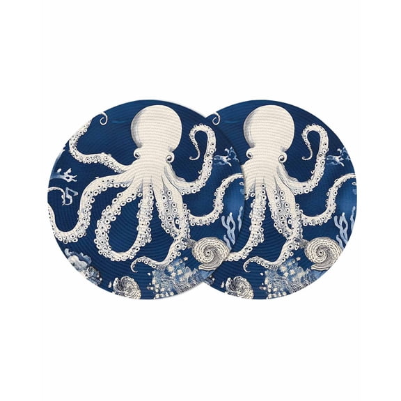 Beige Octopus Coastal Round 15 Inch Placemats Set of 2, Navy Blue Nautical Ocean Coral HeatResistant Non Slip Place Mats for Dining Table, Wipeable Braided Kitchen Table Mats for Housewarming