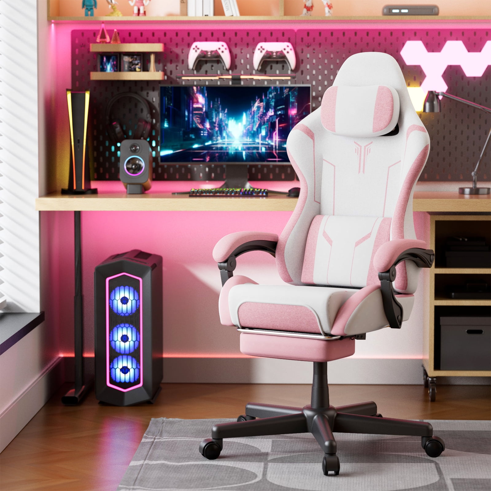 SOONTRANS Gaming Chair for Adults, Leather Office Chair with Footrest & Massage Lumbar Support, High Back Gamer Game Chairs, White/Pink