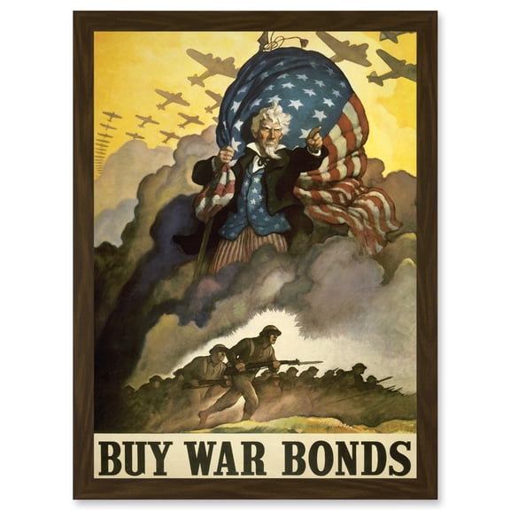 Advert Military WWII War USA Uncle Sam Buy Bond Stars Stripes Flag Artwork Framed Wall Art Print A4