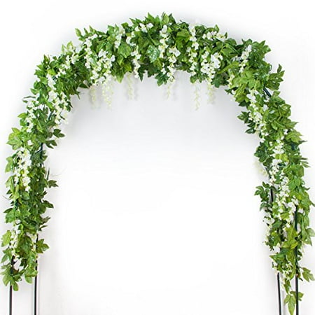 Mavee 4pcs Artificial Wisteria 29ft Silk Flower Garland Hanging Rattan with Green Ivy Leaf Vine for Wedding Garden Party Home Decoration (White)