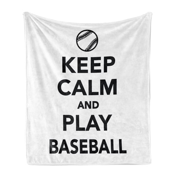 Keep Calm Soft Flannel Fleece Throw Blanket, Play Baseball Phrase Sports Theme with the Ball Monochrome Pictogram, Cozy Plush for Indoor and Outdoor Use, 50" x 60", Black White, by Ambesonne