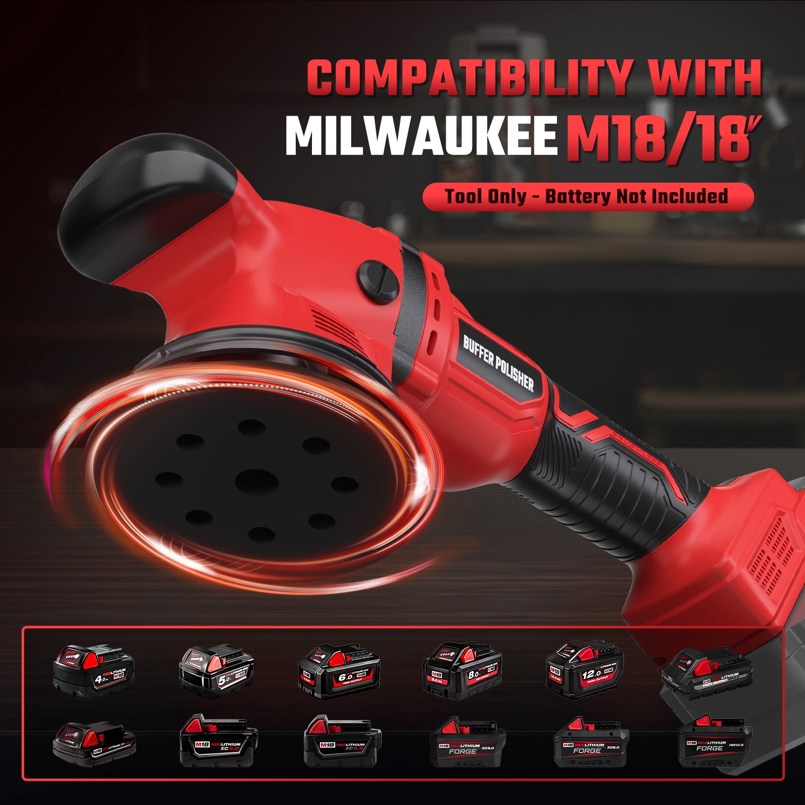 Cordless Polisher Kit for Milwaukee M18 Battery (Battery Not Included), 6-Inch Variable Speed Orbital Car Polisher for Detailing, 1800-5500 RPM, 17-Piece Accessory Set for Polishing & Waxing