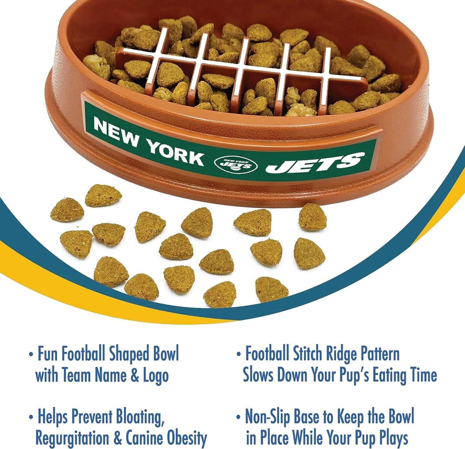 Pets First NFL New York Jets Super-Bowl Slow Feeder Bowl for Dogs and Cats, Football Design for Healthy Digestion, Non-Slip, for Large & Small Pet