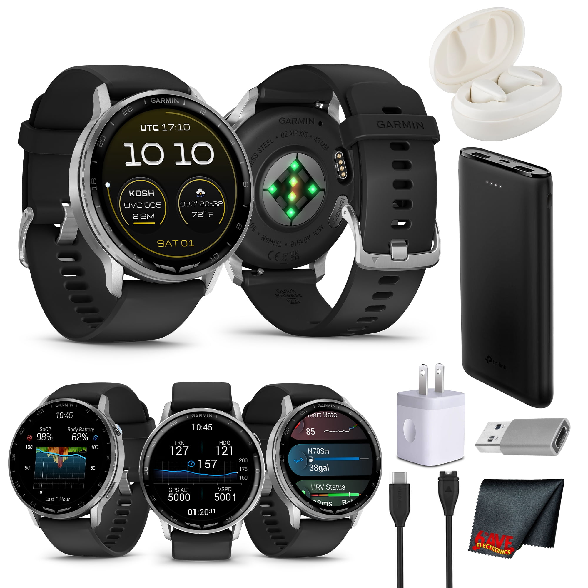 Garmin D2 Air X15 Aviation Smartwatch, AMOLED Touchscreen, GPS Direct-To Navigation, Aviation Weather, Built-In Flashlight, Silver with Black Silicone Band Bundle