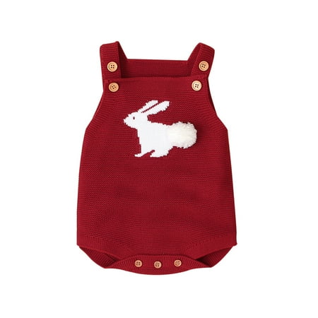 

Fiomva Infant Girls Romper Wide Strap Cartoon Rabbit Print Cotton Romper Claret 18-24 Months