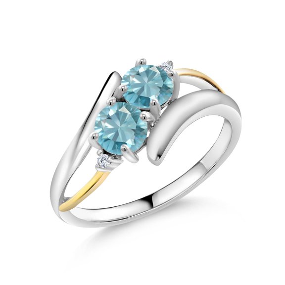 Gem Stone King 1.72 Ct Round Blue Zircon 925 Silver and 10K Yellow Gold Ring (Size 5)