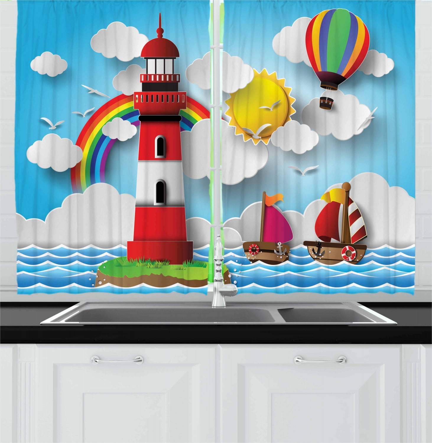 Lighthouse Curtains 2 Panels Set, Kids Coast with Sailboats Sun Rainbow Hot Air Balloon Clouds Playroom Cartoon, Window Drapes for Living Room Bedroom, 55W X 39L Inches, Multicolor, by Ambesonne
