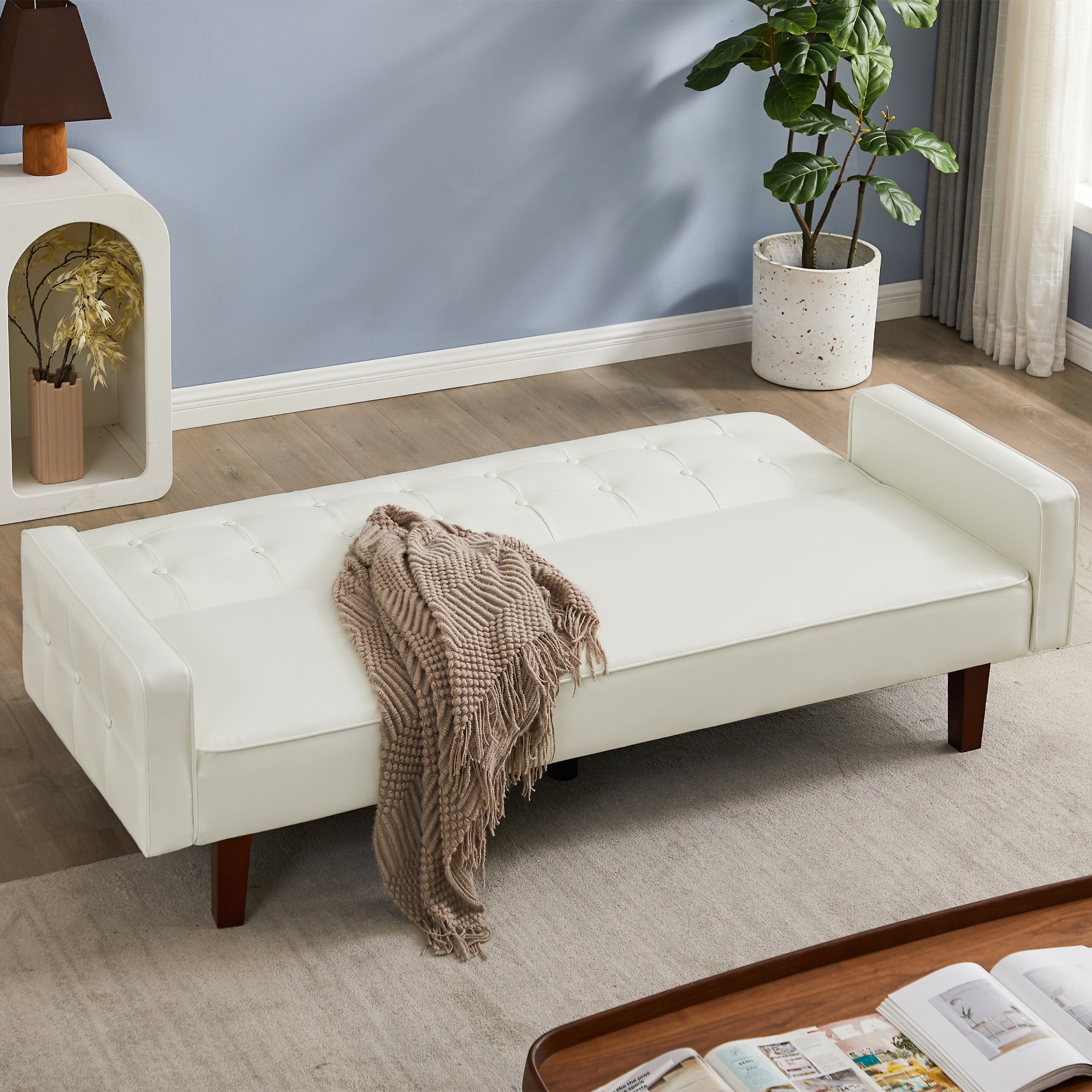 Aukfa 75" Button-Tufted Futon Convertible Sofa Bed for Home Office, Leather, White