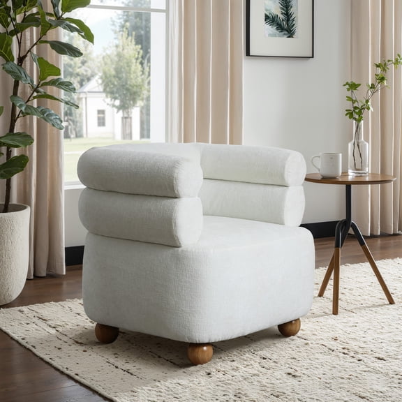 LuxenHome Modern Upholstered Ivory Barrel Accent Chair with Wood Ball Legs
