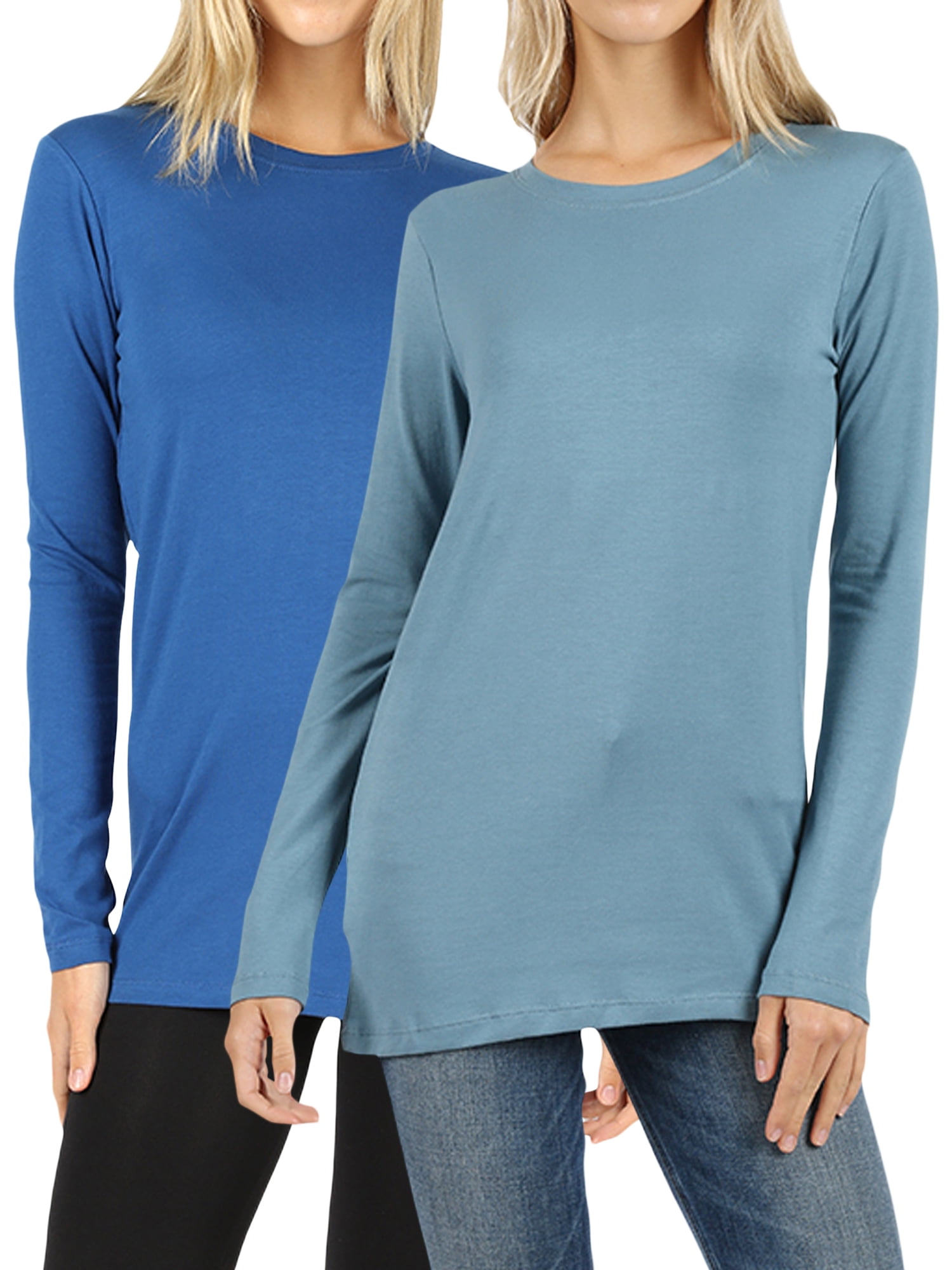 Women Basic Round Crew Neck Long Sleeve Stretch Cotton Spandex T-Shirts -  Walmart.com