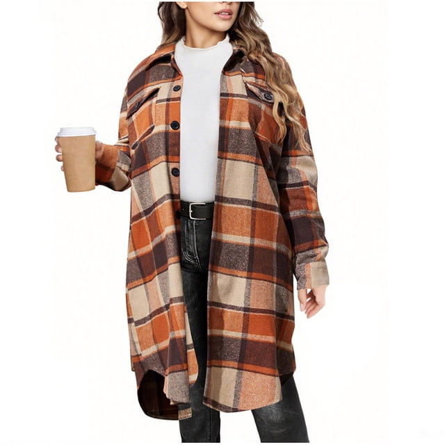 cfhntfmh Womens Plaid Shacket Jacket Long Button down Fall Winter Oversized Lapel Shacket Trench Coat with Pocket