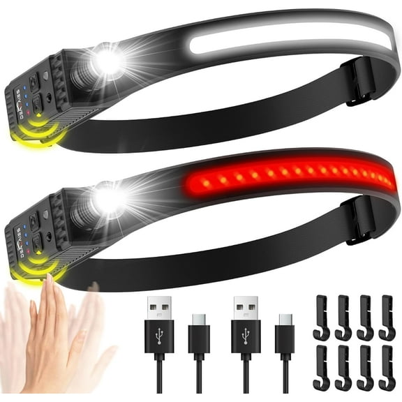 2-Pack, 230° Wide Beam & Adjustable Focus LED Head Lamp with Red Light Motion Sensor, Head Lights for Forehead, Hard Hat Headlight, Headlamps for Adult Camping Fishing