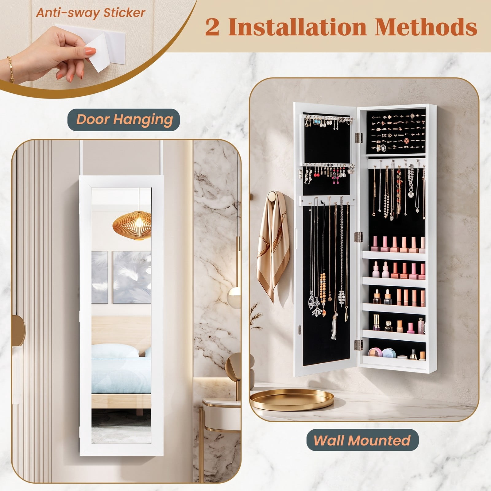 Furnibear Door and Wall Mounted Armoire Jewelry Cabinet with Full-Length Mirror and Velvet Lining for Bedroom Storage, White