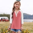 thumbnail image 3 of PWPSG Kid's 3/4 Sleeve Shirts Lightweight Spring Summer Casual Blouses Color Block Button Up Crewneck Pullover Daily Wear Tops Watermelon Red 5 Years, 3 of 6