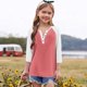 thumbnail image 3 of Cowsor Girl's Casual 3/4 Sleeve T Shirts Button V Neck Tunic Blouses Color Block Basic Tee Tops Loose Fit Summer Shirt, 3 of 6