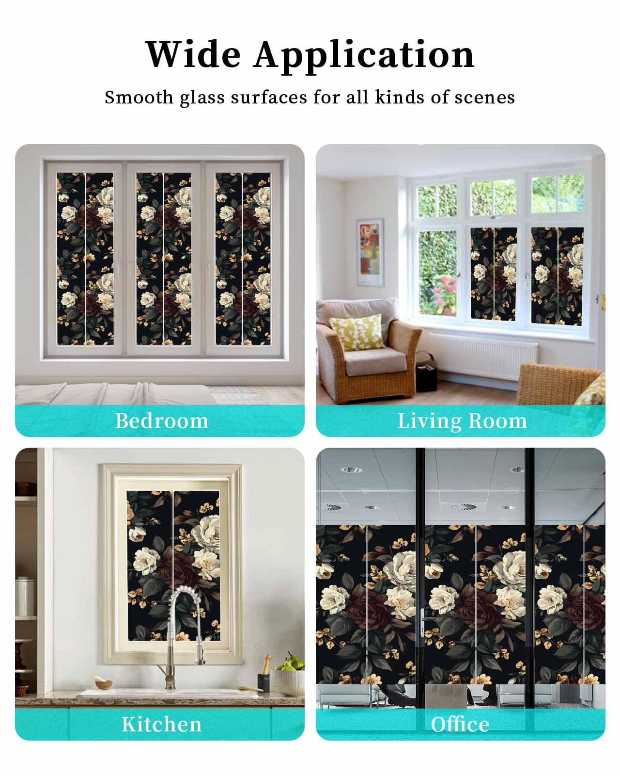 Window Privacy Film Vintage Black Floral Stained Glass Window Film Decorative Sun Block Window Cover Spring Seasonal Botanical Blooms Window Clings Static Adhesive Sticker for Bathroom 35.4"x78.7"