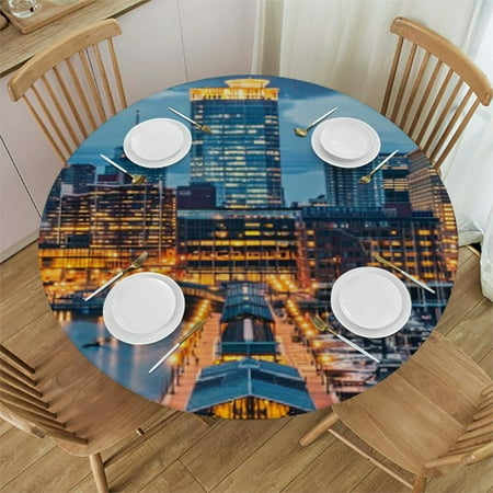 

Patifu City Skyline Train Station Building Round Table Cover Stain Resistant Washable Indoor Outdoor Kitchen Dining Wedding Parties Polyester Fabric Waterproof Resistant Tablecloth 54 -58