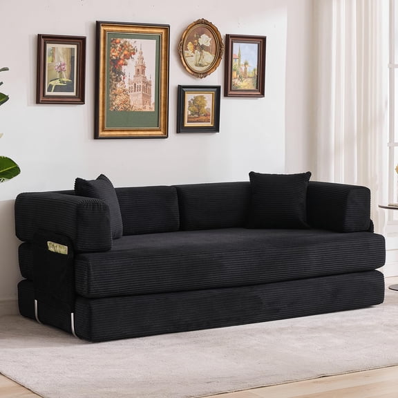 Black 5-in-1 Convertible Sofa Bed, 78.8" Modular Corduroy Sleeper with Sturdy Frame & No Assembly, Multi-Functional Futon for Small Space, Living Room & Guest Room